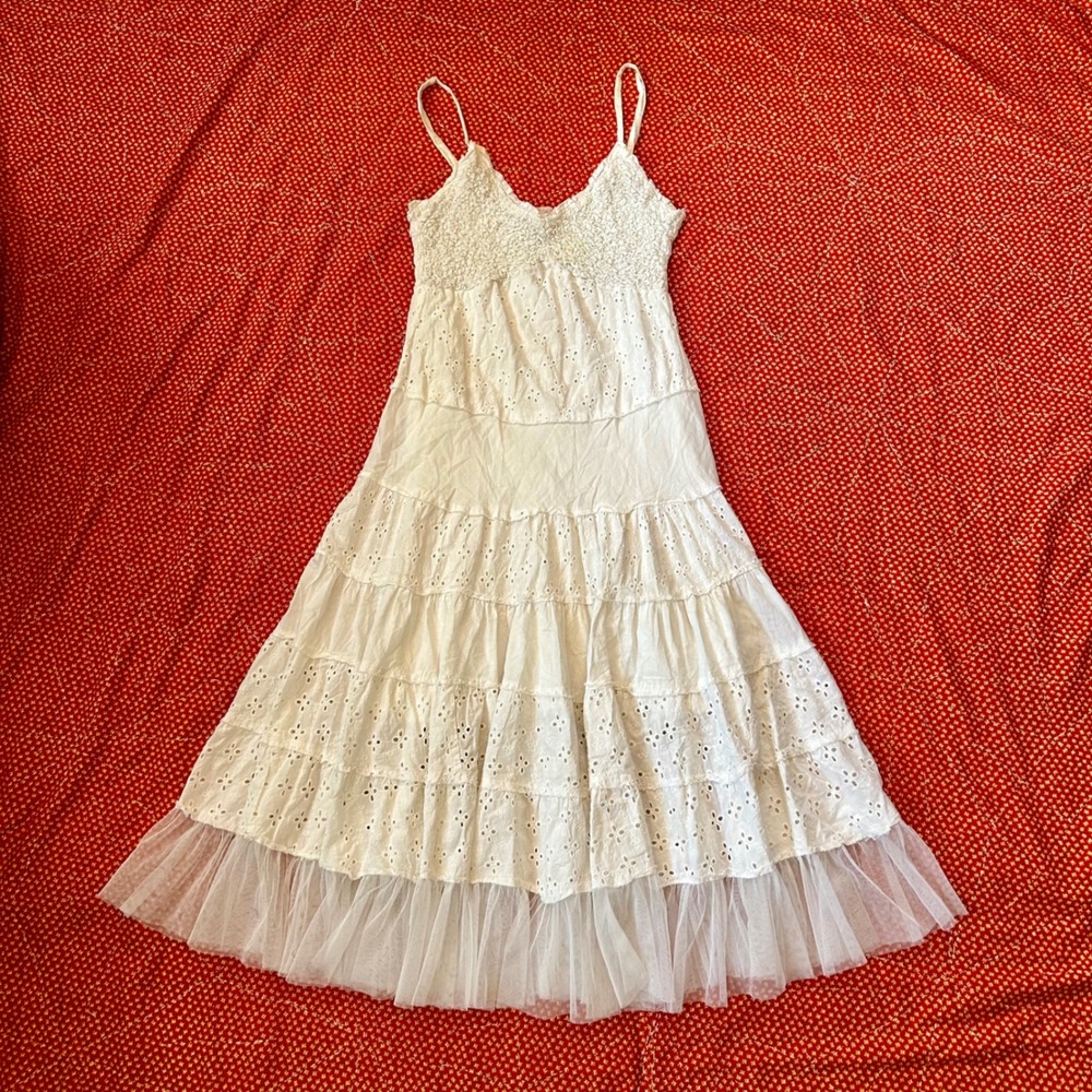 Vintage 2000s Pink Apple White Eyelet Tiered maxi cotton Dress Smocked Tulle Hem